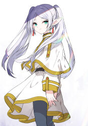 Rule 34 | 1girl, arms behind back, belt, black belt, black pantyhose, capelet, closed mouth, commentary request, earrings, elf, forehead, frieren, from side, gradient background, green eyes, grey background, grey hair, highres, jewelry, kamiyoshi rika, long hair, long sleeves, looking at viewer, looking to the side, pantyhose, parted bangs, pointy ears, shirt, short eyebrows, skirt, smile, solo, sousou no frieren, thick eyebrows, twintails, very long hair, white background, white capelet, white shirt, white skirt