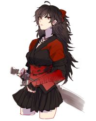 Rule 34 | 1girl, ahoge, armor, bead necklace, beads, black hair, doodle, greaves, jewelry, long hair, looking at viewer, necklace, raven branwen, red eyes, rwby, scabbard, sheath, skirt, solo, sora (efr), sword, weapon, white background, aged down