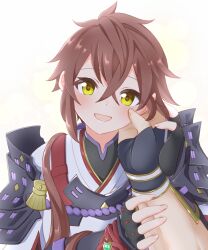 Rule 34 | 1girl, 1other, :d, absurdres, armor, black gloves, blush, brown hair, commentary request, fingerless gloves, gloves, hair between eyes, hand on another&#039;s cheek, hand on another&#039;s face, highres, ikonaska, japanese clothes, kimono, looking at viewer, lora (xenoblade), open mouth, pauldrons, shoulder armor, smile, solo focus, upper body, white kimono, xenoblade chronicles (series), xenoblade chronicles 2, xenoblade chronicles 2: torna - the golden country, yellow eyes
