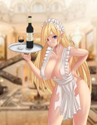 Rule 34 | 1girl, absurdres, alcohol, apron, bare shoulders, blonde hair, blue eyes, blurry, blurry background, bottle, breasts, cleavage, collarbone, commission, cup, drink, drinking glass, earrings, epko, executive red hood arabelle, feet out of frame, grin, guardian tales, hand on own hip, heterochromia, highres, holding, holding tray, jewelry, large breasts, long hair, looking at viewer, maid, pointy ears, single earring, smile, solo, thighs, torn clothes, tray, very long hair, wine, wine bottle, wine glass