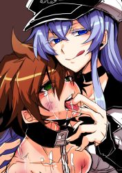 Rule 34 | 10s, 1boy, 1girl, :q, akame ga kill!, bdsm, blue eyes, broken, brown background, brown hair, bruise, chain, chained, collar, colored eyelashes, esdeath, femdom, finger in another&#039;s mouth, forced, green eyes, haoro, injury, leash, licking lips, light purple hair, long hair, looking at viewer, naughty face, open mouth, purple hair, saliva, simple background, tatsumi (akame ga kill!), tears, teeth, tongue, tongue grab, tongue out, upper body