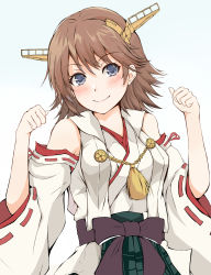 Rule 34 | 1girl, absurdres, bare shoulders, blue eyes, blush, brown hair, clenched hands, dairyo3, detached sleeves, flipped hair, green skirt, headgear, hiei (kancolle), hiei kai ni (kancolle), highres, kantai collection, nontraditional miko, short hair, simple background, skirt, smile, solo, white background