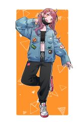 Rule 34 | 1girl, absurdres, ahoge, bandaged arm, bandages, bandaid, bandaid on face, black pants, blue jacket, choker, collared jacket, crop top, hair ornament, hairclip, head tilt, high tops, highres, jacket, kashikaze, long hair, long sleeves, looking at viewer, mask, midriff, mouth mask, navel, open mouth, original, pants, pink hair, sharp teeth, shoes, smile, sneakers, solo, standing, standing on one leg, surgical mask, teeth, twintails, upper teeth only, white footwear, yellow eyes