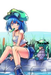Rule 34 | 1girl, alternate costume, blue eyes, blue hair, breasts, camisole, cattail, cucumber, day, eating, food in mouth, frilled camisole, frills, goggles, goggles on headwear, green hat, hair bobbles, hair ornament, hat, highres, kappa, kawashiro nitori, knees together feet apart, koissa, legs, looking at viewer, matching hair/eyes, medium breasts, one-hour drawing challenge, outdoors, plant, short hair, short shorts, shorts, simple background, sitting, solo, stomach, tank top, touhou, twintails, two side up, unfinished, v arms, white legwear