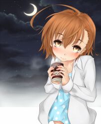 Rule 34 | 1girl, ahoge, blue dress, blush, brown eyes, brown hair, child, closed mouth, cloud, cloudy sky, commentary request, crescent moon, cup, dress, feet out of frame, hair between eyes, hands up, head tilt, holding, holding cup, last order (toaru majutsu no index), long sleeves, looking at viewer, medium hair, moon, night, night sky, open clothes, open shirt, outdoors, oversized clothes, oversized shirt, polka dot, polka dot dress, shin (highest1192), shirt, sky, smile, solo, star (sky), starry sky, steam, toaru majutsu no index, white shirt
