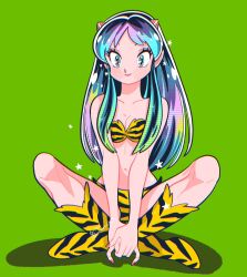 Rule 34 | 1girl, animal print, bikini, blue hair, boots, breasts, cleavage, collarbone, cone horns, crossed legs, full body, gradient hair, green background, green hair, highres, horns, indian style, knee boots, knees up, long hair, lum, muda rengou to ziggy stardust, multicolored hair, navel, own hands together, pointy ears, print bikini, print boots, sidelocks, signature, simple background, sitting, smile, solo, swimsuit, tiger print, urusei yatsura