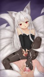 Rule 34 | 1girl, :q, animal ears, bad id, bad pixiv id, bare shoulders, black pantyhose, breasts, bridal gauntlets, censored, covered navel, cum, cum on body, cum on clothes, cum on feet, cum on lower body, elbow gloves, feet, footjob, fox ears, fox tail, gloves, halloween, hetero, kupaa, long hair, multiple tails, no shoes, original, pantyhose, penis, pussy, red eyes, small breasts, spread pussy, tail, tenyoshi (briansept), toes, tongue, tongue out, torn clothes, torn legwear, white hair