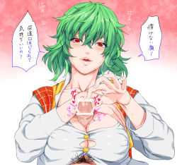 Rule 34 | 1girl, bad id, bad pixiv id, bar censor, black pubic hair, blush, breasts, castella, censored, covered erect nipples, fingernails, green hair, kazami yuuka, large breasts, lips, looking at viewer, male pubic hair, paizuri, paizuri under clothes, penis, precum, pubic hair, red eyes, solo, speech bubble, touhou, upper body
