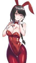 Rule 34 | 1girl, alternate costume, animal ears, black hair, blood, blood on breasts, blood on hands, blush, bow, braid, commentary request, cowboy shot, detached collar, elsa granhilte, fake animal ears, hand on own chest, headband, leotard, long hair, looking at viewer, parted lips, playboy bunny, purple eyes, rabbit ears, re:zero kara hajimeru isekai seikatsu, red bow, red headband, red leotard, s (hdru2332), simple background, solo, standing, strapless, strapless leotard, white background, white wrist cuffs, wrist cuffs