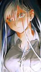 Rule 34 | 1girl, absurdres, bite mark, breast pocket, breasts, collared shirt, expressionless, green eyes, grey hair, hair between eyes, highres, ineuoy, long hair, looking at viewer, original, pocket, red pupils, shirt, solo, upper body, white shirt