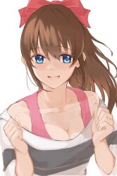 Rule 34 | 1girl, absurdres, black shirt, blue eyes, bow, breasts, brown hair, cleavage, clenched hands, collarbone, hair bow, hands up, harada (soft monja), highres, idolmaster, idolmaster million live!, long hair, looking at viewer, medium breasts, off shoulder, ponytail, red bow, satake minako, shirt, sidelocks, smile, solo, swept bangs, upper body, white background