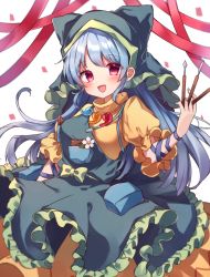 Rule 34 | 1girl, :d, apron, belt, between fingers, blue hair, bow, dress, green apron, green belt, green bow, green headwear, hair between eyes, haniyasushin keiki, head scarf, highres, holding, jewelry, long hair, looking at viewer, magatama, magatama necklace, moshihimechan, necklace, open mouth, pink eyes, single strap, smile, solo, touhou, white background, wood carving tool, yellow dress
