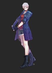 Rule 34 | 1girl, blue jacket, boots, devil may cry (series), devil may cry 5, female focus, full body, genderswap, genderswap (mtf), jacket, nero (devil may cry), pout, prosthesis, prosthetic arm, short hair, short shorts, shorts, simple background, solo, white hair