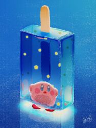 Rule 34 | :o, blue background, blue eyes, blush, commentary request, food, full body, highres, ice cream, kirby, kirby (series), looking at viewer, nintendo, no humans, odayaka (odk yuk), open mouth, popsicle, signature, standing