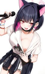 Rule 34 | 1girl, absurdres, animal ears, black choker, black hair, blue archive, blush, breasts, cat ears, choker, clothes around waist, colored inner hair, cowboy shot, extra ears, fang, fingernails, halo, highres, holding, holding microphone, hyouta (yoneya), jacket, jacket around waist, jewelry, kazusa (band) (blue archive), kazusa (blue archive), large breasts, microphone, multicolored hair, nipples, open mouth, pink hair, pink halo, pleated skirt, red eyes, ring, shirt, short hair, short sleeves, skirt, solo, tongue, tongue out, white shirt, white skirt