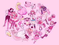Rule 34 | 1boy, 1other, 6+girls, absurdres, ahoge, amy rose, animal nose, banana, bananya, bell, bishoujo senshi sailor moon, bishoujo senshi sailor moon s, black eyes, blonde hair, blue brooch, blue eyes, blush, blush stickers, boo (mario), bright pupils, brooch, cat, chibi usa, circle formation, clefairy, clenched hands, closed mouth, creatures (company), crown, dress, earrings, eyelashes, fangs, feet, flower, flower wreath, food, fruit, furry, furry female, game freak, gen 1 pokemon, gen 2 pokemon, hair bell, hair ornament, hand on own face, haruno sakura, heart, hedgehog ears, hedgehog girl, hedgehog tail, highres, holding, holding clothes, holding dress, holding microphone, honey (katamari damacy), jewelry, jigglypuff, katamari damacy, kirby, kirby (series), kneehighs, kuromi, leaning back, limited palette, long hair, loveycloud, mad mew mew, mario (series), meemee (super monkey ball), mettaton, mettaton ex, microphone, miltank, multiple girls, naruto (series), nintendo, onegai my melody, open mouth, outstretched arms, pink background, pink dress, pink fur, pink hair, pokemon, pokemon hgss, princess peach, red eyes, red footwear, ribbon, robot, sailor chibi moon, sanrio, shirt, shoes, short sleeves, shorts, simple background, sleeveless, socks, sonic (series), sparkle, spread arms, standing, standing on one leg, star (symbol), super mario sunshine, super monkey ball, super sailor chibi moon, tail, toes, tongue, tongue out, undertale, warp star, white dress, white pupils, whitney (pokemon)