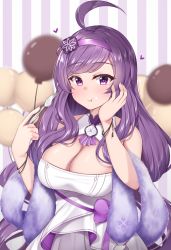 Rule 34 | 1girl, absurdres, ahoge, azur lane, balloon, bare shoulders, breasts, dress, eating, fork, hairband, hand on own cheek, hand on own face, highres, large breasts, lomocya, long hair, looking at viewer, ning hai (azur lane), ning hai (gorgeous violet) (azur lane), purple eyes, solo, swept bangs, very long hair, white dress