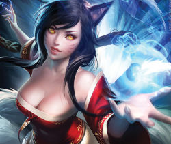 Rule 34 | 1girl, ahri (league of legends), animal ears, bare shoulders, black hair, breasts, cleavage, detached sleeves, energy ball, fox ears, fox tail, hair ribbon, league of legends, long hair, ribbon, sakimichan, skirt, smile, solo, tail, yellow eyes