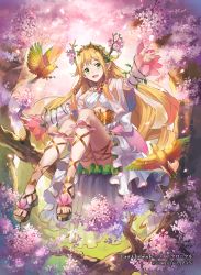 Rule 34 | 1girl, :d, bird, blonde hair, breasts, cherry blossoms, copyright name, detached sleeves, eihi, english text, full body, green eyes, hair ribbon, head tilt, in tree, last chronicle, leg ribbon, long hair, open mouth, pointy ears, ribbon, sandals, sitting, skirt, sleeves past wrists, small breasts, smile, solo, sunlight, tree, tress ribbon, very long hair, watermark