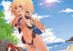 Rule 34 | 1boy, 1girl, bad id, bad pixiv id, beach, bikini, blonde hair, blue eyes, breasts, cameltoe, cowboy shot, day, dutch angle, gloves, hat, hjm, jacket, kyoukaisenjou no horizon, large breasts, long hair, looking at viewer, mary stuart, midriff, nature, navel, outdoors, pussy, pussy peek, scar, scarf, smile, standing, swimsuit, tenzou crossunite, thighs