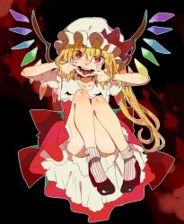 Rule 34 | 1girl, arms up, ass, bare legs, black background, blonde hair, bow, collarbone, commentary request, convenient leg, crystal, dress, eyes visible through hair, fangs, flandre scarlet, full body, hair between eyes, hat, hat bow, head tilt, high heels, highres, knees up, long hair, looking at viewer, mob cap, mouth pull, one side up, open mouth, outline, petticoat, puffy short sleeves, puffy sleeves, red bow, red dress, red eyes, red footwear, satoupote, shirt, short sleeves, simple background, smile, socks, solo, striped clothes, striped socks, tongue, tongue out, touhou, vertical-striped clothes, vertical-striped socks, very long hair, white hat, white outline, white shirt, white socks, wings