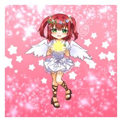 Rule 34 | 1girl, angel, angel wings, aqua eyes, artist name, artist request, bare legs, barefoot, barefoot sandals (jewelry), blush, bow, breasts, brown footwear, center frills, chibi, collarbone, cross-laced footwear, dress, feathered wings, feet, female focus, flower, flower wreath, frilled sleeves, frills, full body, green eyes, hair between eyes, hair ornament, hair scrunchie, hairclip, head wreath, highres, holding, kurosawa ruby, looking at viewer, love live!, love live! school idol festival, love live! sunshine!!, miniskirt, parted lips, pepper lemon, pink background, pink flower, plaid, plaid dress, plaid skirt, pleated, pleated dress, pleated skirt, puffy short sleeves, puffy sleeves, red flower, red hair, sandals, scrunchie, short hair, short sleeves, skirt, small breasts, smile, solo, standing, star (symbol), twintails, two side up, white bow, white dress, white scrunchie, white skirt, white wings, wing hair ornament, wings