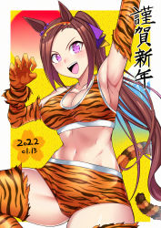 Rule 34 | 1girl, :d, animal ears, animal print, arm up, armpits, bare shoulders, breasts, brown hair, cleavage, collarbone, commentary request, crop top, dated, elbow gloves, flower-shaped pupils, gloves, hairband, highres, horse ears, large breasts, long hair, looking at viewer, midriff, navel, open mouth, orange gloves, orange hairband, orange thighhighs, ponytail, print gloves, print thighhighs, purple eyes, sakura bakushin o (umamusume), smile, solo, sports bra, stomach, symbol-shaped pupils, thighhighs, thighs, tiger print, translation request, umamusume, very long hair, zasshu nigou