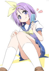 Rule 34 | 1girl, absurdres, blue eyes, blush, cynical (llcbluckg c004), dot nose, food, hair ribbon, hand on own knee, highres, hiiragi tsukasa, holding, holding food, holding popsicle, ice cream, legs, looking at viewer, lucky star, medium hair, popsicle, purple hair, ribbon, school uniform, shoes, short-sleeved shirt, short sleeves, simple background, skirt, socks, solo, thighs, tongue, tongue out, white background, white socks