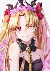 Rule 34 | 1girl, ;), absurdres, blonde hair, blurry, blurry background, bow, diadem, ereshkigal (fate), fate/grand order, fate (series), flower, hair between eyes, hair bow, hair tubes, head wreath, highres, long hair, looking at viewer, nekoreito, one eye closed, purple flower, red bow, red eyes, smile, solo, strapless, twintails, upper body, very long hair