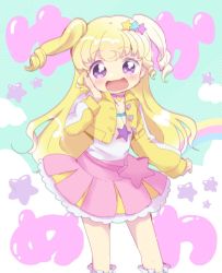 Rule 34 | 1girl, :d, text background, blonde hair, blush, character name, cloud, commentary request, cropped jacket, hair ornament, hand on own cheek, hand on own face, hand up, idol time pripara, jacket, long hair, long sleeves, looking at viewer, open clothes, open jacket, open mouth, pink skirt, pleated skirt, pretty series, pripara, puffy long sleeves, puffy sleeves, purple eyes, rainbow, ringlets, saitou takana, shirt, skirt, sleeves past wrists, smile, solo, standing, star (symbol), star hair ornament, star in eye, symbol in eye, translation request, two side up, very long hair, white shirt, yellow jacket, yumekawa yui