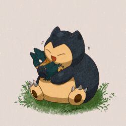 black_eyes carrying claws closed_eyes commentary creatures_(company) evolutionary_line fangs game_freak gen_1_pokemon gen_4_pokemon grass happy highres hug munchlax nintendo no_humans open_mouth pokemon pokemon_(creature) sitting smile snorlax twitter_username zozozoshion