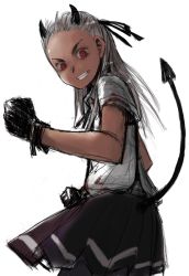 Rule 34 | 1girl, bad id, bad pixiv id, dorohedoro, face, gloves, horns, noi (dorohedoro), oomori harusame, red eyes, skirt, solo, tail, white hair