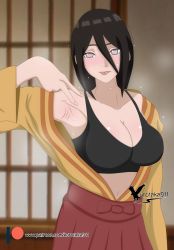 Rule 34 | 1girl, absurdres, agung911, arm up, armpits, black bra, black hair, blurry, blurry background, blush, boruto: naruto next generations, bra, breasts, cleavage, door, highres, hyuuga hanabi, indoors, large breasts, looking at viewer, loose clothes, naruto (series), navel, purple eyes, robe, signature, skirt, steam, steaming body, sweat, tongue, tongue out, underwear, v