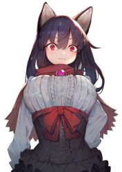 Rule 34 | 1girl, :3, alternate costume, animal ear fluff, animal ears, arm behind back, black hair, black skirt, blush, bow, breasts, brooch, center frills, commentary request, cowboy shot, frills, hair between eyes, hand on own hip, high-waist skirt, highres, imaizumi kagerou, jewelry, large breasts, layered skirt, long hair, long sleeves, looking at viewer, onion (onion and pi-natto), red bow, red eyes, red scarf, ribbed shirt, scarf, shirt, simple background, skirt, smile, solo, touhou, white background, white shirt, wolf ears