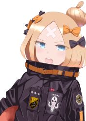 Rule 34 | 1girl, abigail williams (fate), abigail williams (traveling outfit) (fate), absurdres, bandaid, bandaid on face, bandaid on forehead, belt, black bow, black jacket, blonde hair, blue eyes, blush, bow, crossed bandaids, fate/grand order, fate (series), forehead, hair bow, hair bun, heroic spirit traveling outfit, high collar, highres, holding, holding stuffed toy, jacket, long hair, long sleeves, looking at viewer, multiple bows, official alternate costume, open mouth, orange belt, orange bow, parted bangs, polka dot, polka dot bow, purewhite draw, simple background, single hair bun, solo, stuffed animal, stuffed toy, teddy bear