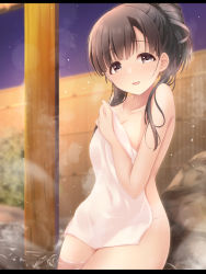 Rule 34 | 1girl, akisaka yamoka, alternate hairstyle, bamboo fence, bathing, blurry, blurry background, brown eyes, brown hair, collarbone, commentary request, covering privates, covering breasts, depth of field, fence, hair up, idolmaster, idolmaster cinderella girls, kobayakawa sae, leaning on object, letterboxed, light particles, looking at viewer, nude, nude cover, onsen, parted lips, partially submerged, solo, steam, symbol-only commentary