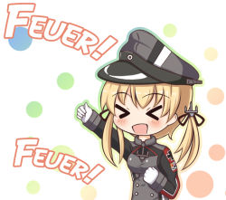 Rule 34 | &gt; &lt;, 10s, 1girl, :d, > <, blonde hair, cross, closed eyes, german text, glance1109, gloves, hair ribbon, hat, iron cross, kantai collection, military, military uniform, open mouth, peaked cap, prinz eugen (kancolle), ribbon, short hair, smile, solo, translated, twintails, uniform, white gloves, xd
