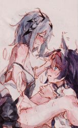 Rule 34 | 2girls, absurdres, arknights, bite mark, black hair, blaze (arknights), blue eyes, blush, bottomless, breasts, eye contact, feather hair, grey background, grey eyes, grey hair, greythroat (arknights), half-closed eyes, hand on another&#039;s head, highres, imminent cunnilingus, long hair, looking at another, medium breasts, moyu marginal, multiple girls, no panties, shirt, simple background, strap slip, white shirt, yuri