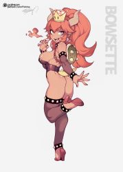 Rule 34 | 1girl, ass, bare shoulders, bowsette, bracelet, breasts, collar, crown, dark-skinned female, dark skin, fingernails, fishine, from behind, hair between eyes, hand up, high heels, highres, horns, jewelry, large breasts, leotard, lizard tail, looking at viewer, mario (series), nail polish, new super mario bros. u deluxe, nintendo, patreon username, pointy ears, ponytail, red hair, smile, spiked anklet, spiked bracelet, spiked collar, spikes, standing, standing on one leg, super crown, tail, tongue, tongue out, white background