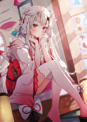 Rule 34 | 1girl, blush, center-flap bangs, gradient hair, gradient legwear, hand fan, highres, hololive, horns, japanese clothes, kimono, knees together feet apart, legs, long hair, long sleeves, looking at viewer, miakiuehashi, miko, multicolored hair, nakiri ayame, nakiri ayame (shrine maiden), nontraditional miko, official alternate costume, oni, red eyes, red hair, sandals, sitting, skin-covered horns, solo, streaked hair, thighhighs, virtual youtuber, white hair, white thighhighs, wide sleeves, zouri