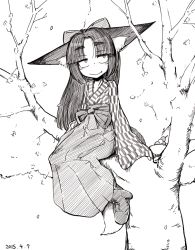 Rule 34 | 1girl, animal ears, bare tree, boots, bow, commentary request, dated, fang, fang out, fox ears, fox tail, greyscale, hair bow, hakama, hakama skirt, hime cut, in tree, japanese clothes, kimono, long sleeves, looking up, meiji schoolgirl uniform, monochrome, original, sakifox, sitting, sitting in tree, sketch, skirt, smile, solo, tail, tree, yagasuri