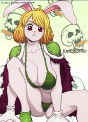Rule 34 | 1girl, areola slip, bikini, bikini top only, blonde hair, breasts, cape, carrot (one piece), cleavage, eyelashes, furry, furry female, gloves, highres, huge breasts, kameseru, large breasts, long hair, looking at viewer, medium hair, one piece, red eyes, shorts, shoulder pads, solo, squatting, swimsuit, tail, white fur