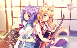 Rule 34 | 10s, 2girls, :3, animal ears, artist name, back-to-back, bell, blonde hair, blush, bow, bowtie, breasts, cat ears, cat tail, cinnamon (nekopara), collar, green eyes, guitar, hair bow, headdress, instrument, jingle bell, kneehighs, large breasts, long hair, maple (nekopara), multiple girls, neck bell, nekopara, on floor, plectrum, ponytail, puffy short sleeves, puffy sleeves, purple hair, sayori (neko works), short hair, short sleeves, shouji, sitting, sliding doors, slit pupils, smile, socks, sunset, synthesizer, tail, tail bow, tail ornament, wallpaper, wrist bow, yellow eyes