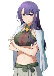 Rule 34 | &gt;:(, 1girl, angry, bikini, blue hair, breasts, cleavage, crossed arms, frown, girlish number, green bikini, half updo, halterneck, halterneck, jacket, jacket on shoulders, large breasts, long hair, looking at viewer, navel, purple eyes, see-through, shibasaki kazuha, simple background, solo, swimsuit, v-shaped eyebrows, white background, xiujia yihuizi