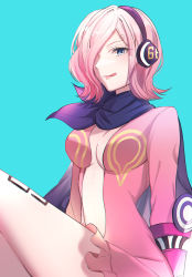 Rule 34 | 1girl, :q, absurdres, blue background, breasts, cape, cleavage, closed mouth, dress, hairband, headphones, highres, looking at viewer, mairu003, medium breasts, medium hair, one piece, pink dress, pink hair, purple cape, purple hairband, revealing clothes, short dress, simple background, sitting, solo, tongue, tongue out, vinsmoke reiju