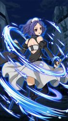 Rule 34 | 10s, 1girl, :d, black legwear, blue footwear, blue hair, bridal gauntlets, building, chess belle, fangs, from behind, hairband, highres, holding, holding sword, holding weapon, leg up, long skirt, looking at viewer, looking back, night, open mouth, outdoors, owari no seraph, red eyes, ruins, saber (weapon), sheath, shoes, skirt, smile, solo, sword, weapon, white hairband, white skirt