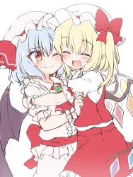 Rule 34 | 2girls, bat wings, blonde hair, blue hair, blush, brooch, closed eyes, closed mouth, crystal, fang, flandre scarlet, hat, hat ribbon, highres, hug, jewelry, mob cap, multiple girls, one eye closed, open mouth, ponytail, red eyes, red neckwear, red ribbon, red sash, remilia scarlet, ribbon, sash, short hair, short sleeves, siblings, side ponytail, simple background, sisters, skin fang, skirt, skirt set, suwa yasai, touhou, vest, white background, white headwear, wings