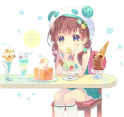 Rule 34 | 1girl, animal print, bare arms, bear, bear hat, bendy straw, blue eyes, blush, braid, brown hair, cake, candy hair ornament, cat, chair, cherry, chocolate, cone holder, cream, cup, drink, drinking glass, drinking straw, eyebrows, eyelashes, food, food-themed hair ornament, food-themed ornament, fruit, hair ornament, hair over shoulder, hairclip, hands on own cheeks, hands on own face, head rest, heart, heart background, highres, ice cream, ice cream cone, ice cream cup, ice cream float, kneehighs, lace trim, leaf, long hair, looking at viewer, mint, mouth hold, original, plate, rabbit, sailor collar, saucer, sitting, sleeveless, smile, socks, soft serve, solo, star (symbol), star print, striped, takeda mika, twin braids, wafer stick, waffle cone, white background, white socks, wrapper