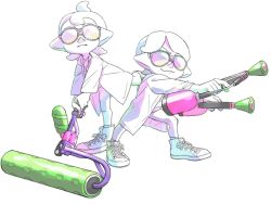 Rule 34 | 2boys, amano yuusuke, commentary, highres, inkling, inkling player character, lab coat, male focus, multiple boys, nintendo, nogami hisashi, official style, pants, pointy ears, real life, shoes, short hair, shorui, simple background, smile, sneakers, splat dualies (splatoon), splat roller (splatoon), splatoon (series), splatoon 2, sunglasses, tentacle hair, white background