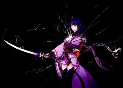 Rule 34 | 1girl, black background, black thighhighs, braid, breasts, cleavage, closed mouth, electricity, floral print, genshin impact, hair ornament, holding, holding sword, holding weapon, katana, long hair, medium breasts, musou isshin (genshin impact), obiage, purple eyes, raiden shogun, simple background, single braid, solo, sword, thighhighs, very long hair, weapon, wide sleeves, yoshio (kimama)